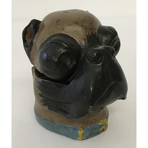 1197 - A cold painted, hinge lidded inkwell in the shape of a Boxer dog head.   Approx. 8.5cm tall.