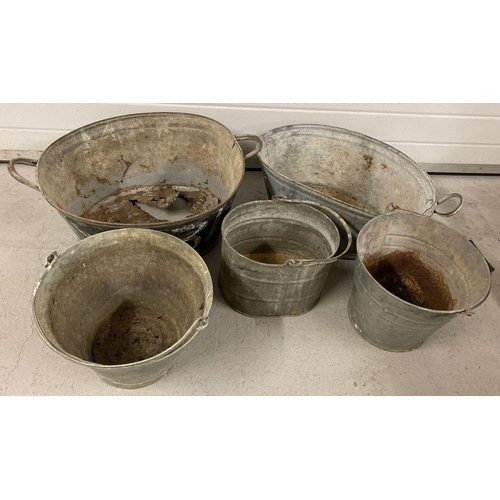 1210 - 2 vintage galvanised metal baths together with 3 vintage metal buckets.  Both baths and 2 buckets a/... 