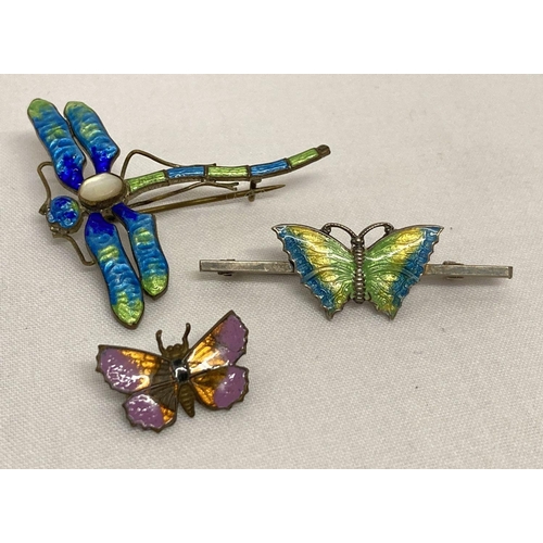 3 - A vintage silver bar brooch set with green, yellow and blue enamelled butterfly.  Together with a vi... 