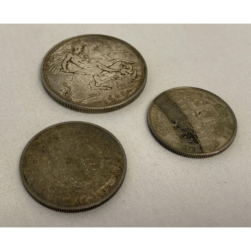 115 - 3 Victorian silver coins. A jubilee head 1887 crown.  Together with a Gothic 1879 florin and a 1887 ... 