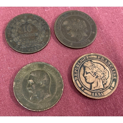 4 - 4 late 19th century French 10 centimes coins.  Comprising 1872, 1874 & 1891 together with a Napoleon... 