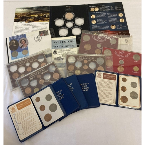 47 - A quantity of collectable coin sets to include Britain's first decimal coins.  Also included is Fare... 