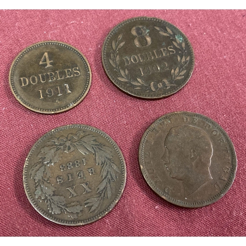 6 - 2 late 19th century Portuguese XX Reis coins together with 2 Guernsey Doubles.  An 1902 8 Doubles co... 