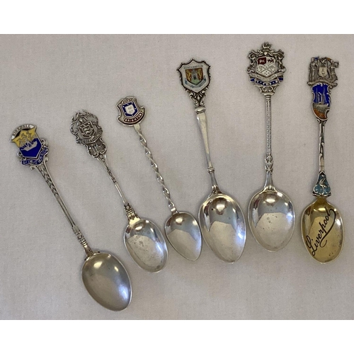 1045 - 6 vintage silver collectors spoons with county and town shields, some with enamel detail.  All hallm... 