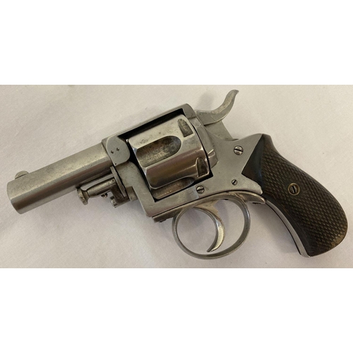 112 - An antique .44 British Bulldog revolver with wooden grip. Marks include E with star above, oval with... 