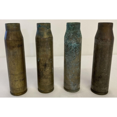 141 - 4 x 30mm brass shell cases with details to bases. 2 x marked L17A1 66CY 10/76 1 x marked 293L17A1 CY... 
