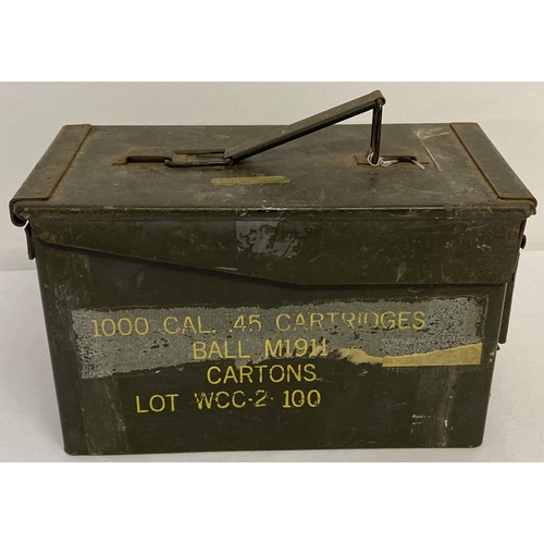 145 - A British .45 khaki green ammunition carry tin. Yellow painted information to side 1000 Cal. .45 Car... 