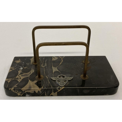 156 - A German WWII style marble based desk letter rack set with metal Nazi Military Police insignia.  Bas... 