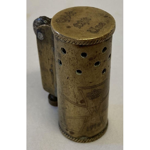 157 - A German WWI style trench art lighter with engraved detail.  Approx. 4.5cm tall.