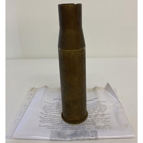 164 - A WWII US 37mm M16 Cannon Anti Tank shell case, dated 1942. Together with information sheet. Approx.... 