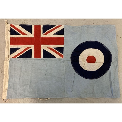 169 - A British WWII style R.A.F flag with rope and printed details.  Approx. 63cm x 98cm.
