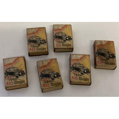 171 - 6 WWII style German match boxes with contents. Paper labels advertising the KDF Wagen.