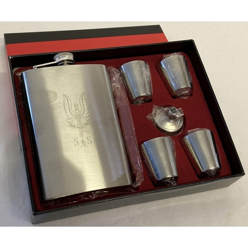 174 - A new and boxed hip flask and shot cups set with S.A.S engraved insignia detail.