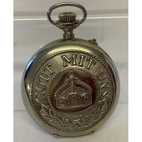 177 - A WWII style German Roskopf pocket watch with army belt buckle fixed to reverse. With white enamelle... 