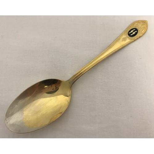 198 - A German WWII style Waffen SS high command gold plated 18/10 Solingen desert spoon. With dark blue e... 