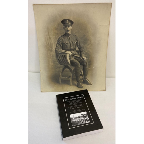 97 - A photographic portrait of a WWI soldier in uniform. Together with a copy of 