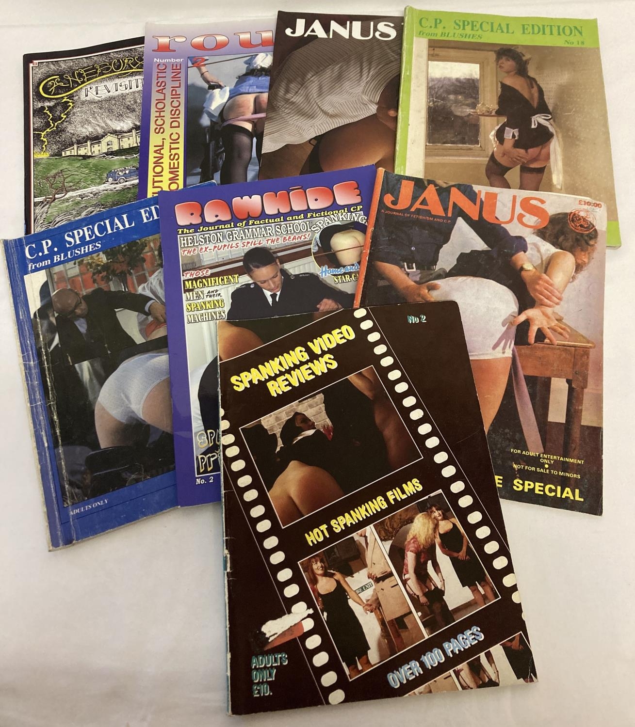 8 assorted vintage adult erotic spanking magazines. To include: Canebury  Hall Revisited, Roué, Janus