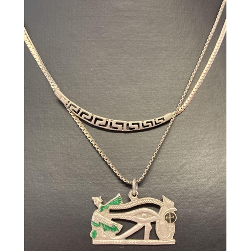 2 silver necklaces. A silver fixed pendant necklace with Greek key