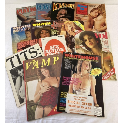 107 - 12 assorted vintage 1970's & 80's adult erotic magazines. To include: Playbirds, Lovebirds, Whitehou... 