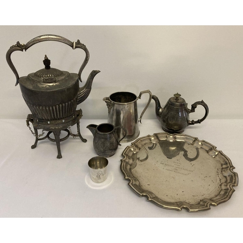 1019 - A collection of vintage silver plated and metal ware items. Comprising: spirit kettle, matching suga... 