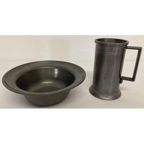 1043 - 2 items of Danish pewter; a small tankard together with a wide rimmed bowl.  Tankard approx. 11cm ta... 