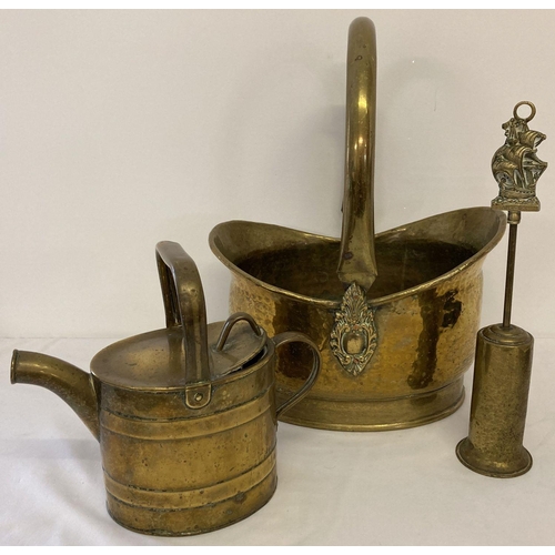1044 - 3 vintage brass items, a coal bucket with swing handle, small watering can & a companion set brush. ... 