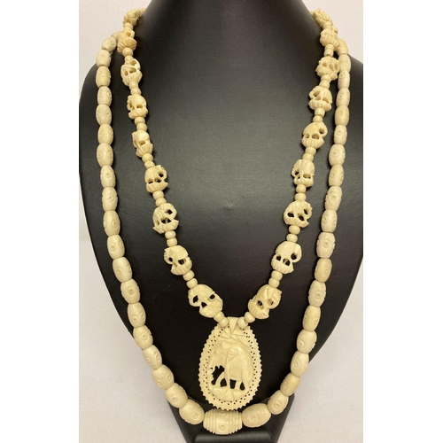 1036 - 2 vintage carved bone necklaces. A graduating bead necklace with circle decoration together with a d... 
