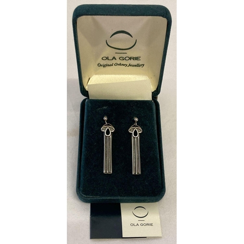 1087 - A pair of boxed silver drop Arts and Crafts style earrings by Ola Gorie, Orkney, Scotland. Complete ... 