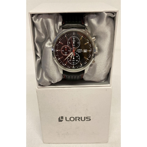 1097 - A boxed Lorus men's chronograph wristwatch with black leather strap. Black dial with silver tone han... 