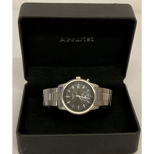 1102 - A men's Accurist MB7028 dual dial wristwatch complete with box. Silver tone stainless steel strap wi... 