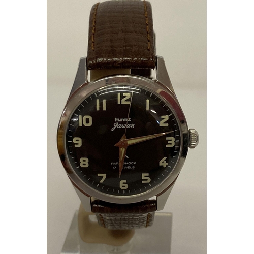 1103 - A vintage HMT Jawan military issue wristwatch on replacement leather strap. Stainless steel case wit... 