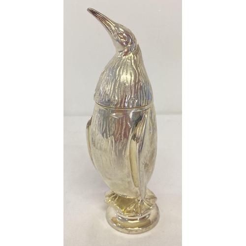 1109 - A heavy silver plated, screw top sugar sifter in the form of a penguin.  Approx. 18.5cm tall.