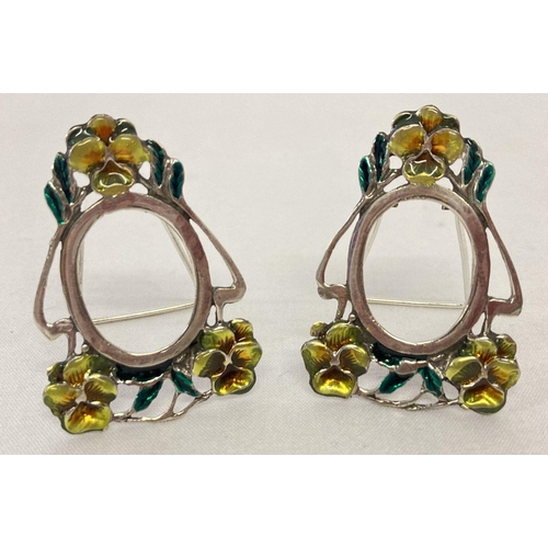 1111 - A pair of Art Nouveau style, 925 silver, miniature picture frames with enamelled flower detail. Deco... 