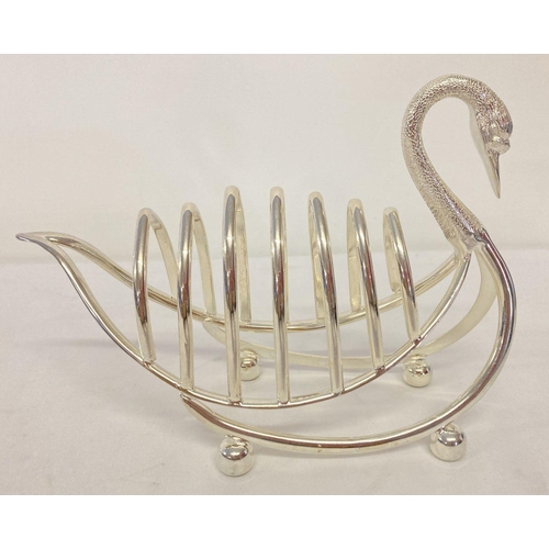 1118 - A silver plated toast rack in the shape of a swan, raised on ball feet.  Approx. 15.5cm tall x 21cm ... 