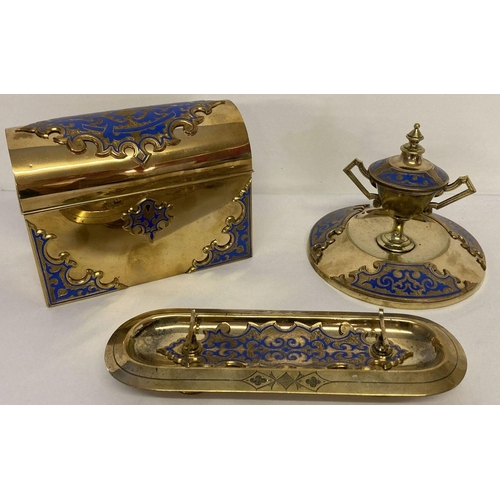 1122 - A vintage highly decorative enamelled brass, 3 piece desk set. Comprising: lockable dome topped stat... 