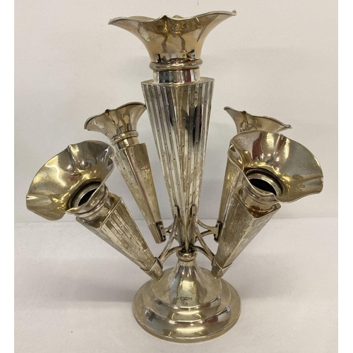 1123 - An antique silver epergne with 4 fluted removable vases and engine turned decoration. Repair to one ... 