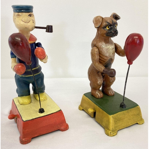 1140 - 2 painted cast iron novelty boxing figures; a dog together with Popeye. Push button on base activate... 