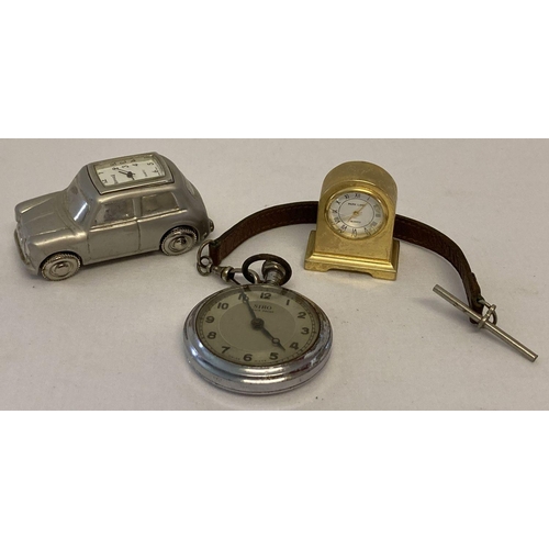 1161 - 2 miniature novelty clocks, a Mini car by Royale and a mantle clock by Park Lane. Together with a vi... 