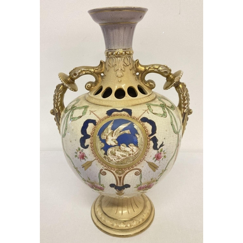 1164 - A ceramic two handled urn style Tuscan Ware vase with nesting bird, ribbon and floral decoration. Na... 