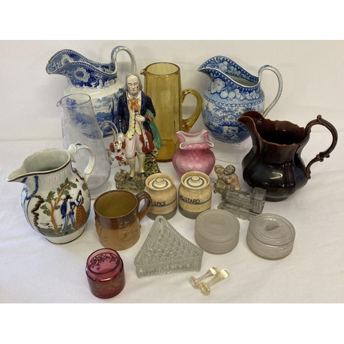 1166 - A collection of antique and vintage glassware and ceramics. To include Staffordshire figure a/f, blu... 