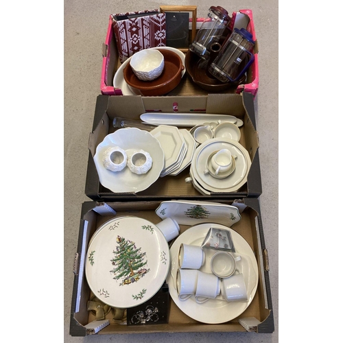 1170 - 3 boxes of modern mixed ceramics and glassware. To include, part dining set, coffee presses, serving... 