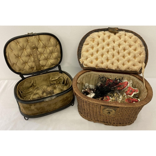 1275 - 2 antique sewing boxes. A wicker and leather basket with cream lining. Together with a ebonised wood... 