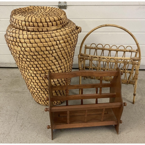 1285 - A vintage wicker Ali Baba laundry basket together with 2 magazine racks; 1 wooden & 1 wicker.