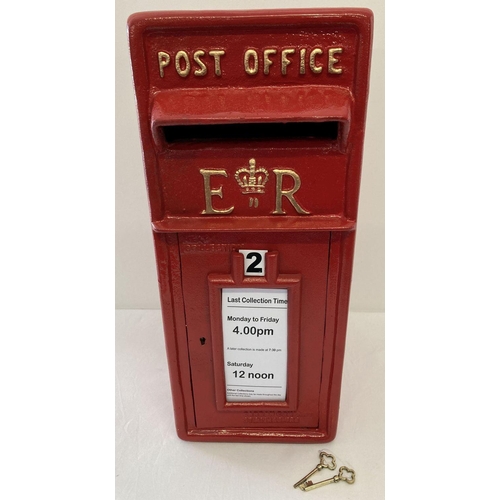 1341 - A full sized, red painted, cast metal ER post box with gold painted detail. Complete with keys.  App... 
