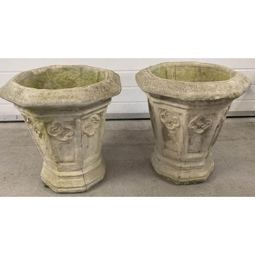 1351 - A pair of large octagonal shaped stone planters with quatrefoil panel detail.  Approx. 53cm tall x 5... 