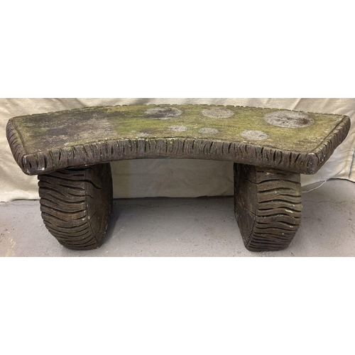 1352 - A large vintage painted brown concrete garden bench with log design to seat and supports. Side suppo... 