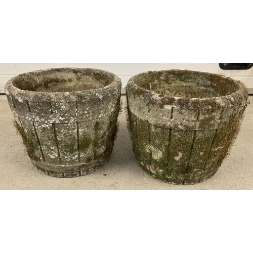 1357 - A pair of vintage concrete half barrel design garden planters with drainage holes to base.  Approx. ... 