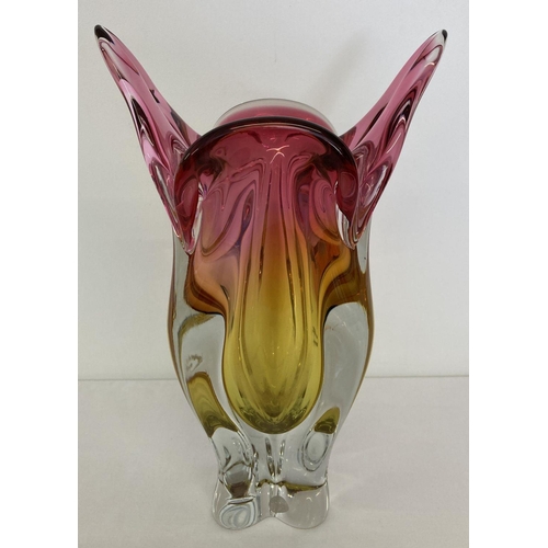 19 - A large, heavy Art glass vase in pink and amber tones with clear glass base.  Approx. 32.5cm tall.