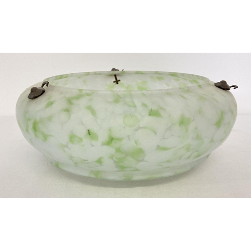 21 - An Art Deco white and green marbled glass flycatcher pendant lampshade. With original period metal h... 