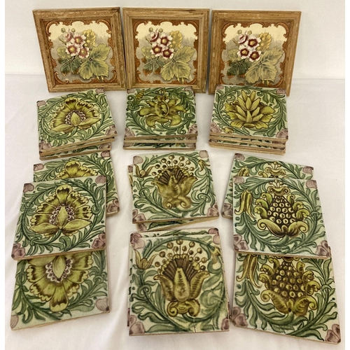 1201 - 20 William De Morgan green and pink glaze floral design tiles in 5 different patterns. Some tiles wi...